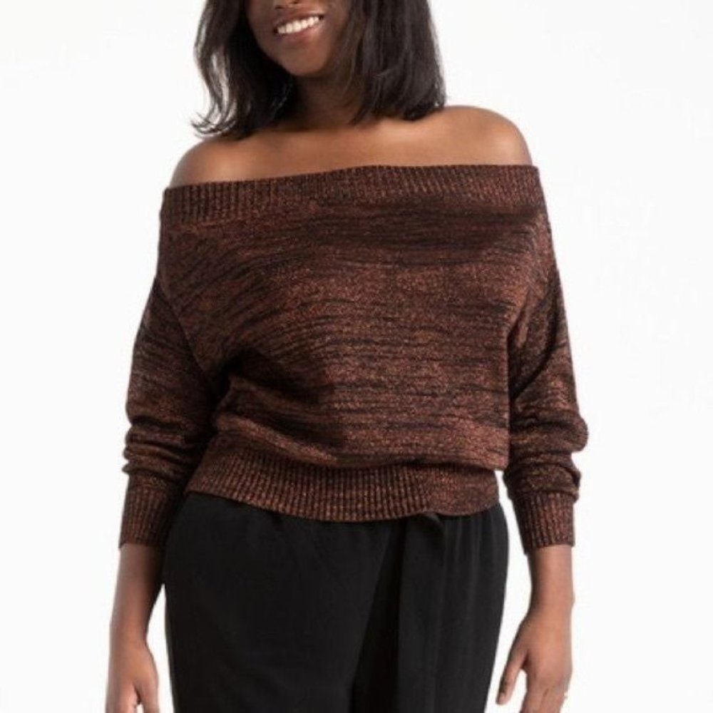 ELOQUII METALLIC RIB KNIT WIDE OFF THE SHOULDER NECK HEATHERED SWEATER 18/20 NWT